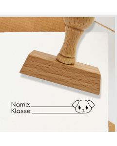 Holz Schulstempel Text Name, Klasse, Motiv Hund  