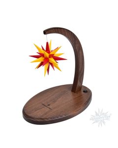 Sternenbogen aus Holz nussbaum mit einem Herrnhuter Stern 13 cm gelb-rot  